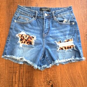Judy Blue Leopard Patch Blue Denim Shorts Size S
